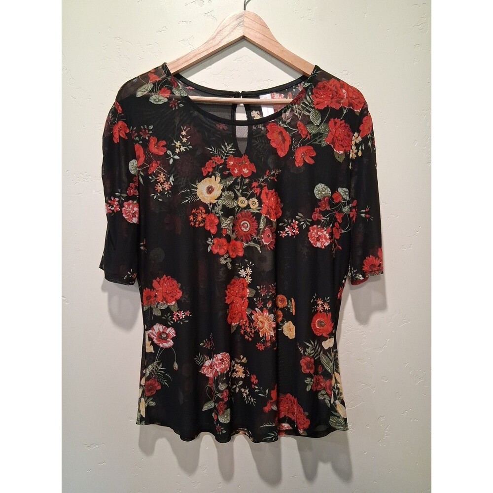 Juniors XXL Sheer Floral‎ Black Red Mesh Stretch Top Blouse Y2K Goth Romantic
